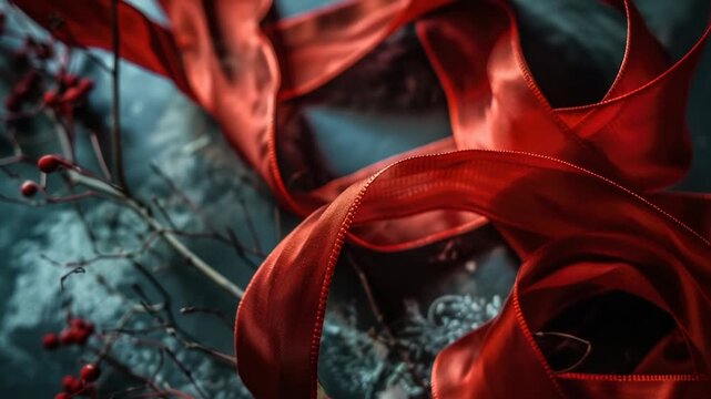 A close-up shot of a bundle of bright red ribbons, often used for gift wrapping or decoration