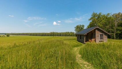 Obraz premium Lodging Amidst Expansive Summer Meadows with Natural Scenery and Wooden Structures