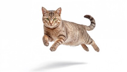 A leaping feline on a plain white backdrop