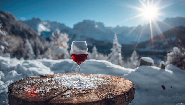 Red Wine Glass Amidst Mountain Scenery on a Bright Day