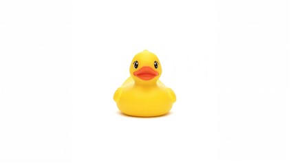 A vivid yellow rubber duck drifting solo on a plain white backdrop, representing youthful joy and bathing amusement