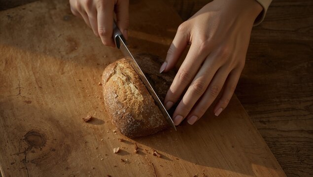 Hands of a woman cutting bread on a wooden board