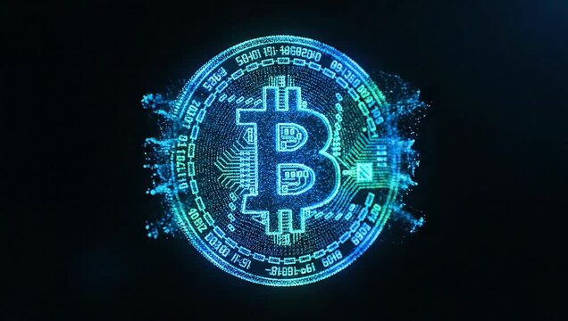 Glowing blue Bitcoin logo with circuit board details on a dark background with code elements.