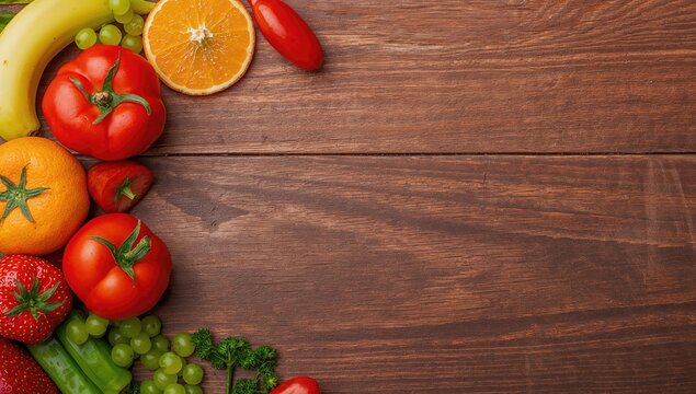 Assorted fruits and veggies displayed on a rustic wooden surface with space for text