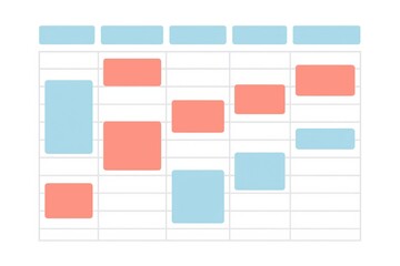 Abstract representation of structured data visualization showcasing a colorful weekly planner layout with blue and red blocks symbolizing organized time allocation and productivity management