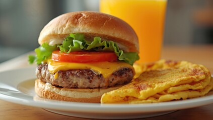 Detailed view of a delicious omelette and burger breakfast meal