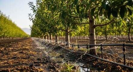 Medium shot capturing drip irrigation systems in an orchard demonstrating waterefficient methods supporting longterm sustainable productivity.