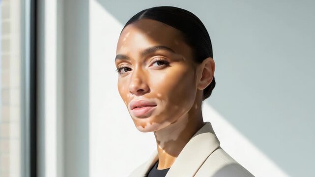 Elegant woman with vitiligo in natural sunlight portrait, fashion style minimal background photography highlighting beauty diversity inclusivity uniqueness modern trend editorial look