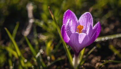 A beautiful violet Spring crocus adorned with sparkling raindrops