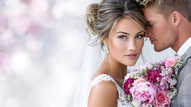 Young couple celebrating wedding day, bride looking at camera - Powered by Adobe