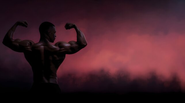 A powerful muscular bodybuilder is captured from behind flexing his impressive physique against a dramatic atmospheric backdrop of smoky red and
