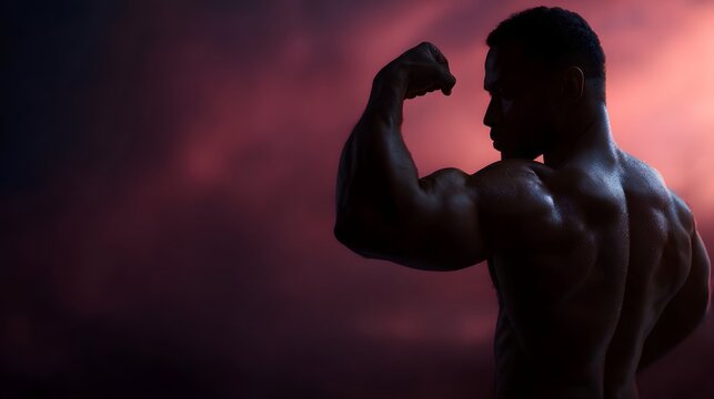 Muscular man flexing biceps in dramatic silhouette against a vibrant pink and purple sky - Powered by Adobe