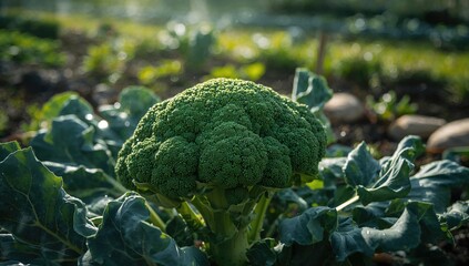 Detailed view of a broccoli head growing outdoors