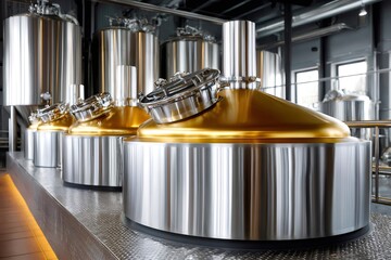 Brewery production facility with shining beer fermentation tanks