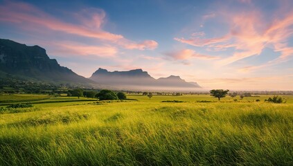Obraz premium Scenic landscape featuring rolling hills, lush green fields, and a vibrant sky illuminating the summer scenery