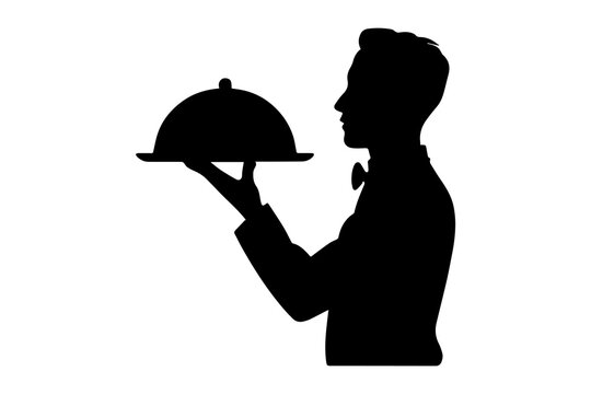 Waiter holding tray with  cloche silhouette