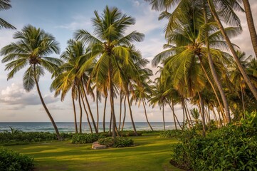 Fototapeta premium Stunning sunrise view of the seaside with lush coconut palms