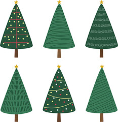 Obraz premium Set of hand drawn Christmas trees featuring various doodle decorations, perfect for holiday icons, stickers, and design elements. Vector illustration.