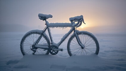 A bicycle covered in thick snow and frost