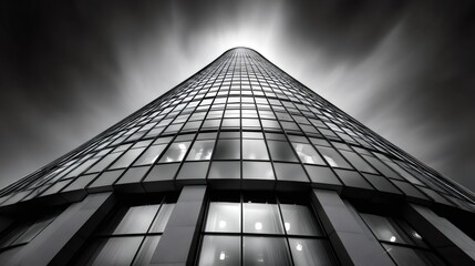 Modern skyscraper reaching sky with streaking clouds