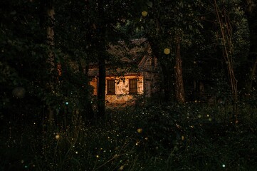 Enchanting forest at night illuminated by glowing fireflies and a vintage cottage