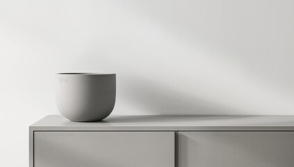 Blank grey cement planter on a grey shelf with a white backdrop.