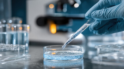 Lab research in lab setting shows microplastics in petri dish with gloved hand holding dropper for scientific study and analysis