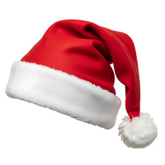 Festive red and white Christmas Santa hat with soft fabric and slouched tip isolated on transparent background