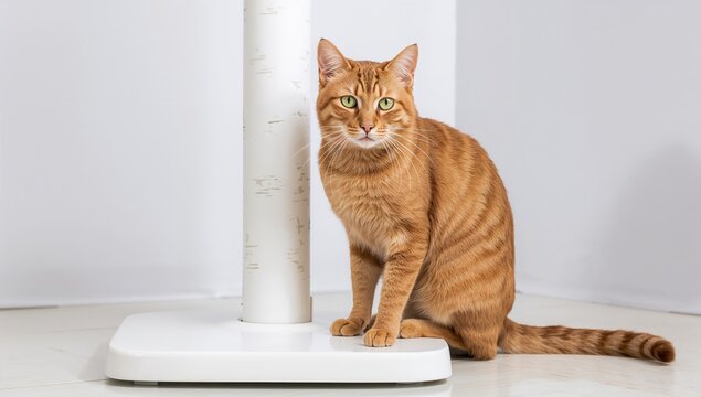 Vertical photo of a feline beside a white scratching post on the floor