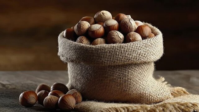 A jute bag overflowing with hazelnuts is placed atop a burlap cloth set against a dark wooden backdrop