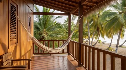 Serene Beachfront Veranda: Hammock, Palm Trees, and Tropical Paradise View - Powered by Adobe