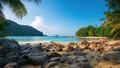 Obraz premium Bright Clear Day at a Secluded Tropical Beach with Rocky Shoreline