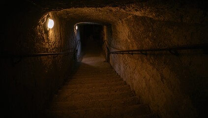 Fototapeta premium A weathered stone stairway leads down into a shadowy, enigmatic subterranean corridor filled with history.