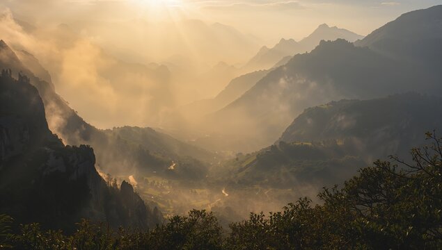A captivating mountain landscape illuminated by sunlight piercing through morning fog.