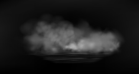 Realistic white smoke cloud spreading along the dark floor with atmospheric mist and dramatic light.