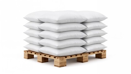 White sacks filled and arranged on a pallet against a plain white backdrop