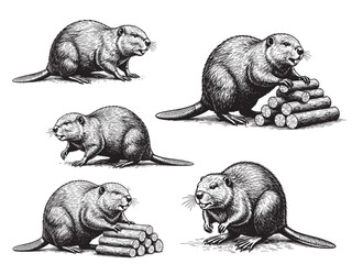 Beaver Building Dam Vintage Engraved Wildlife Illustration Isolated Vector © Gabut Stock