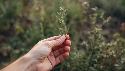 Hand holding a sprig of rosemary from the garden