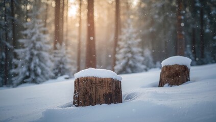 Out-of-focus view of frosty tree trunks in a snowy conifer woodland following a snowstorm