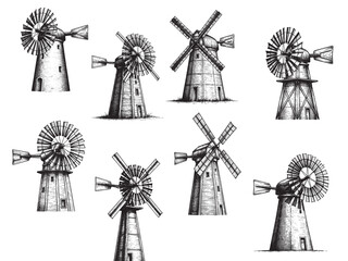 Obraz premium Windmill Vintage Engraved Rural Life Illustration Isolated Vector Artwork