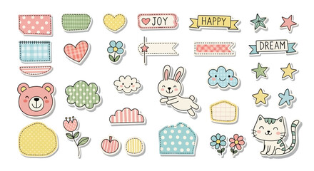 Playful scrapbook doodle set with cute cutout elements for collage fun hand drawn vector illustrations decorative shapes and creative artwork perfect for journaling crafting stickers and digital scrap