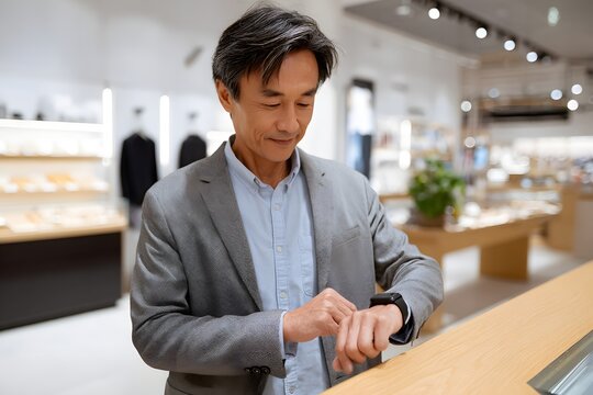 Middle-aged man checks digital receipt on smartwatch in store Generative AI
