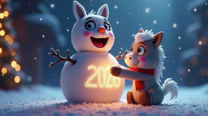 Cheerful 3D animated horse character joyfully crafting festive snowman. New Year fiery horse 2026 for Christmas holidays.