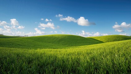 Obraz premium Lush verdant meadows under a stunning spring sky, featuring a backdrop of grass and clouds.