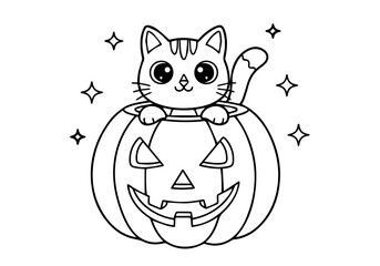 Cute Cat Peeking Out of a Halloween Pumpkin Coloring Page for Kids and Adults