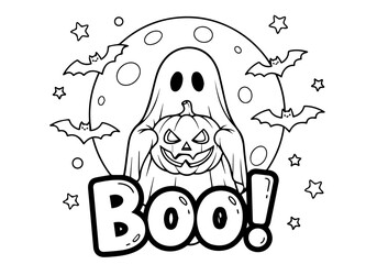 Halloween 'Boo!' coloring page with a ghost, pumpkin, bats, stars, and moon - perfect for kids
