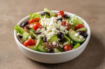 Fresh vegetable bowl featuring tomato and Greek-style salad