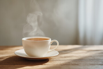 湯気が立ちのぼる温かい紅茶のカップと朝の光