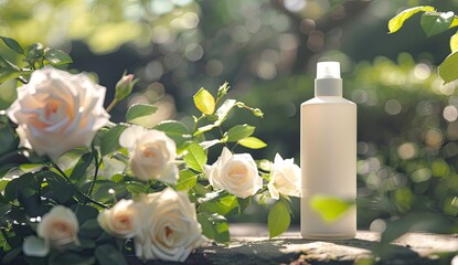 Spray bottle with roses in garden, sunny bokeh background, for beauty advertising