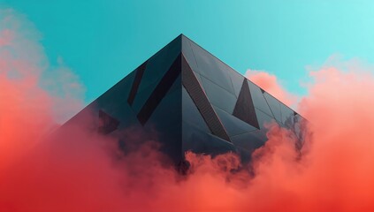 A sleek modern dark structure featuring abstract patterns over a mist of teal and amber, captured in a futuristic photo style